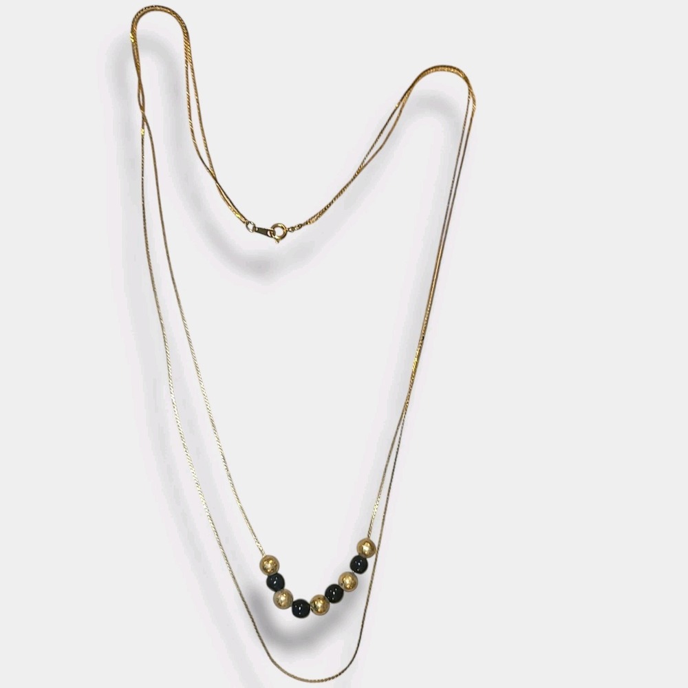 Dainty Minimalist Gold Tone & Black 2 Strand Layered Beaded Necklace 24" - Picture 4 of 7
